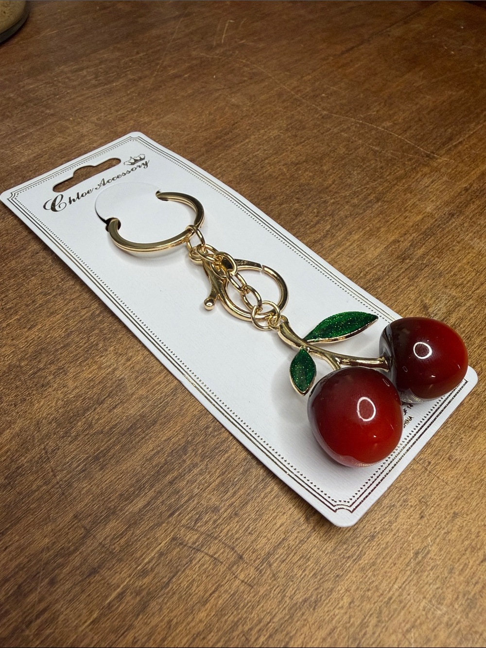 Small Gold Cherry Keychain Bag Charm Glitter Leaves